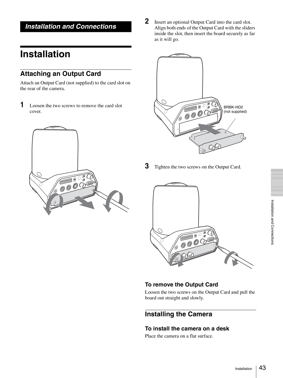 Sony BRC-Z330 Installation, Attaching an Output Card, Installing the Camera, To remove the Output Card 