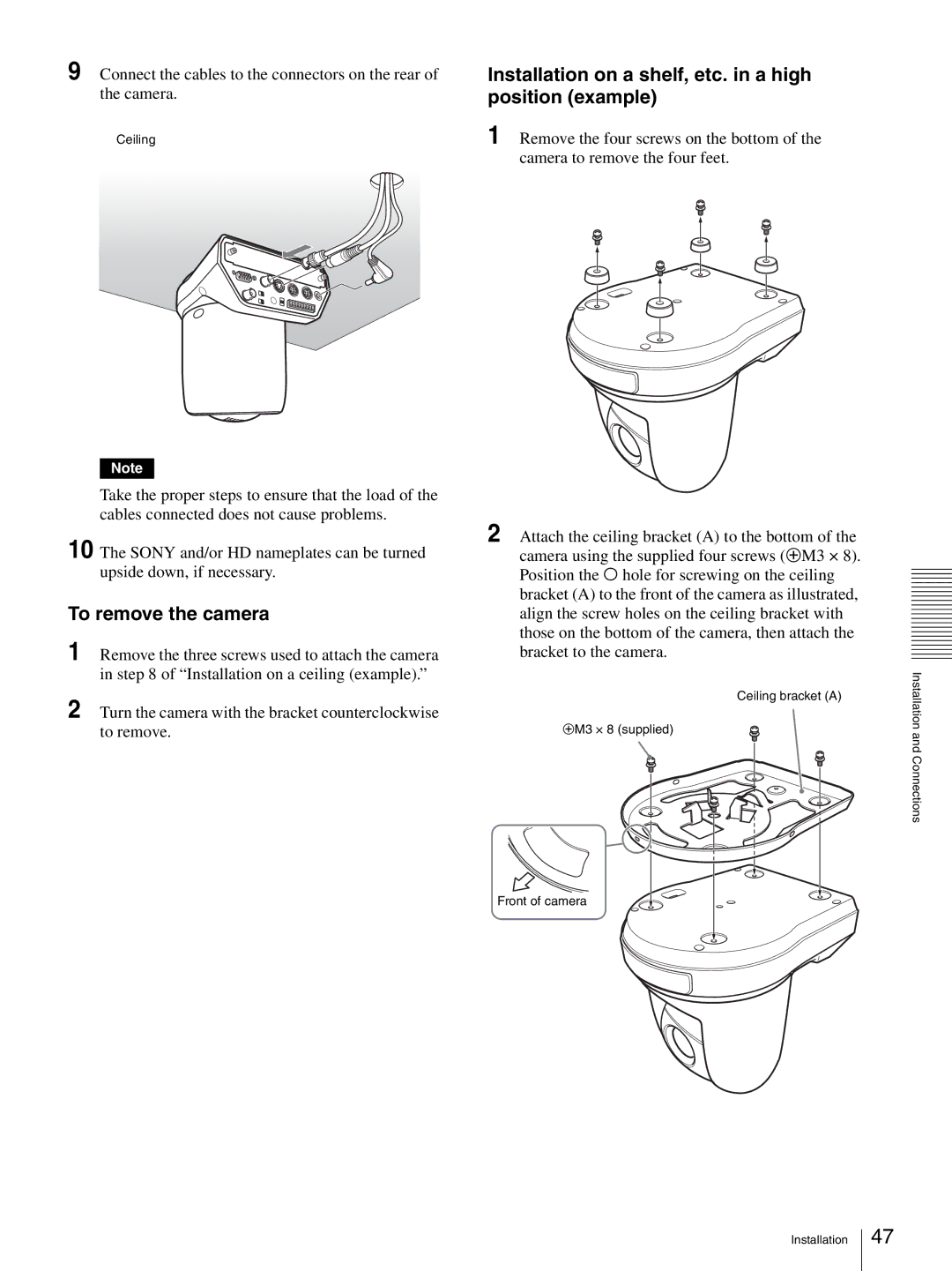 Sony BRC-Z330 operating instructions To remove the camera, Installation on a shelf, etc. in a high position example 