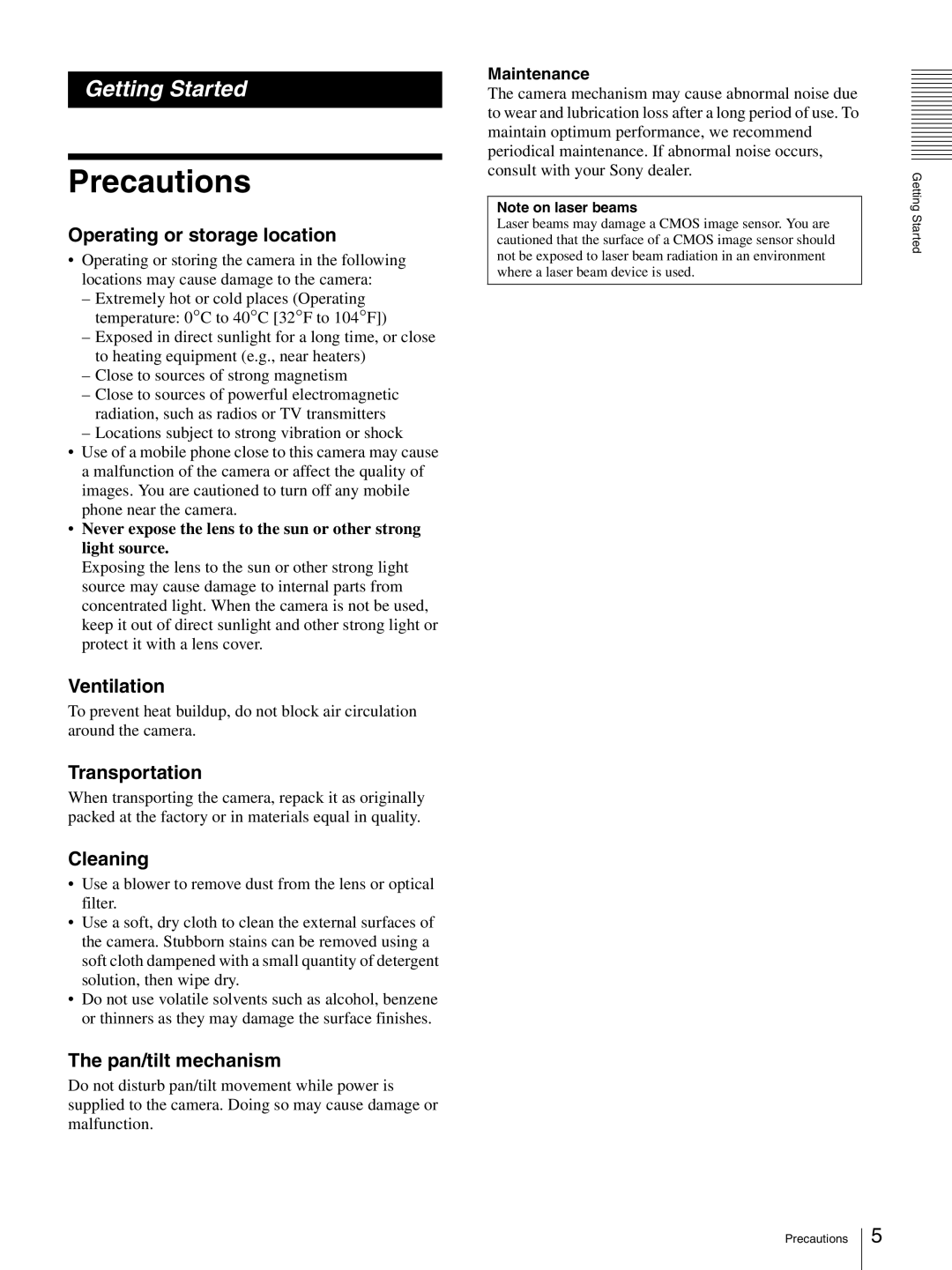 Sony BRC-Z330 operating instructions Precautions 