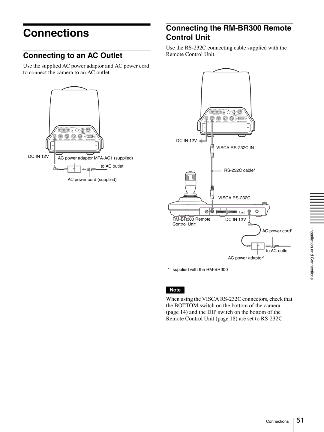 Sony BRC-Z330 operating instructions Connections, Connecting to an AC Outlet, Connecting the RM-BR300 Remote Control Unit 