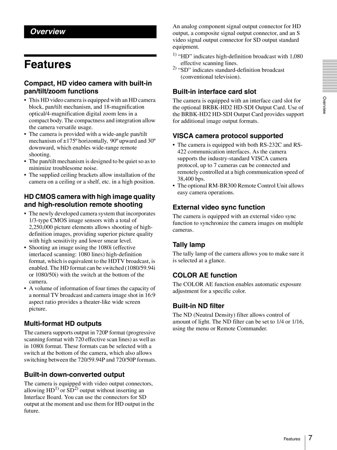 Sony BRC-Z330 operating instructions Features 