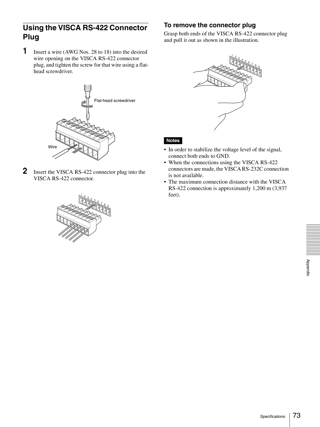 Sony BRC-Z330 operating instructions Using the Visca RS-422 Connector Plug, To remove the connector plug 