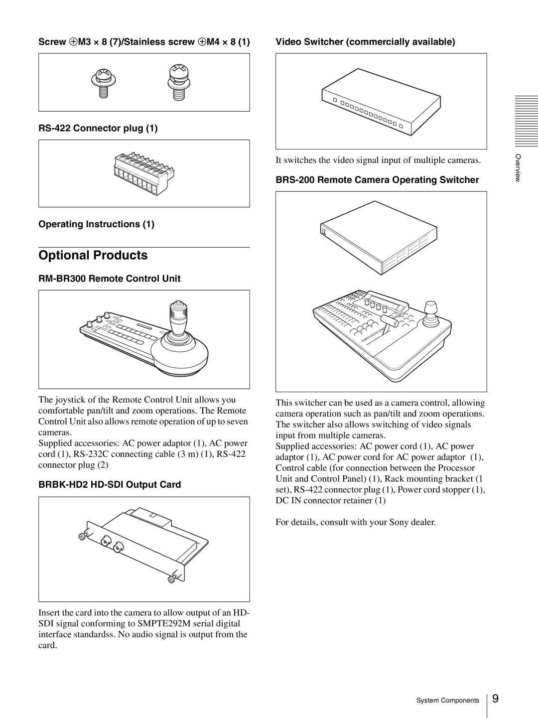 Sony BRC-Z330 Optional Products, BRS-200 Remote Camera Operating Switcher, BRBK-HD2 HD-SDI Output Card 
