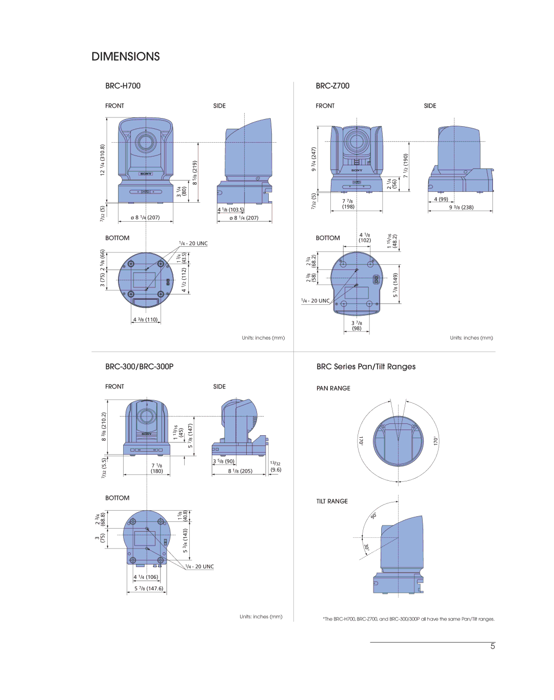 Sony manual Dimensions, BRC-H700 BRC-Z700, BRC-300/BRC-300P, BRC Series Pan/Tilt Ranges 