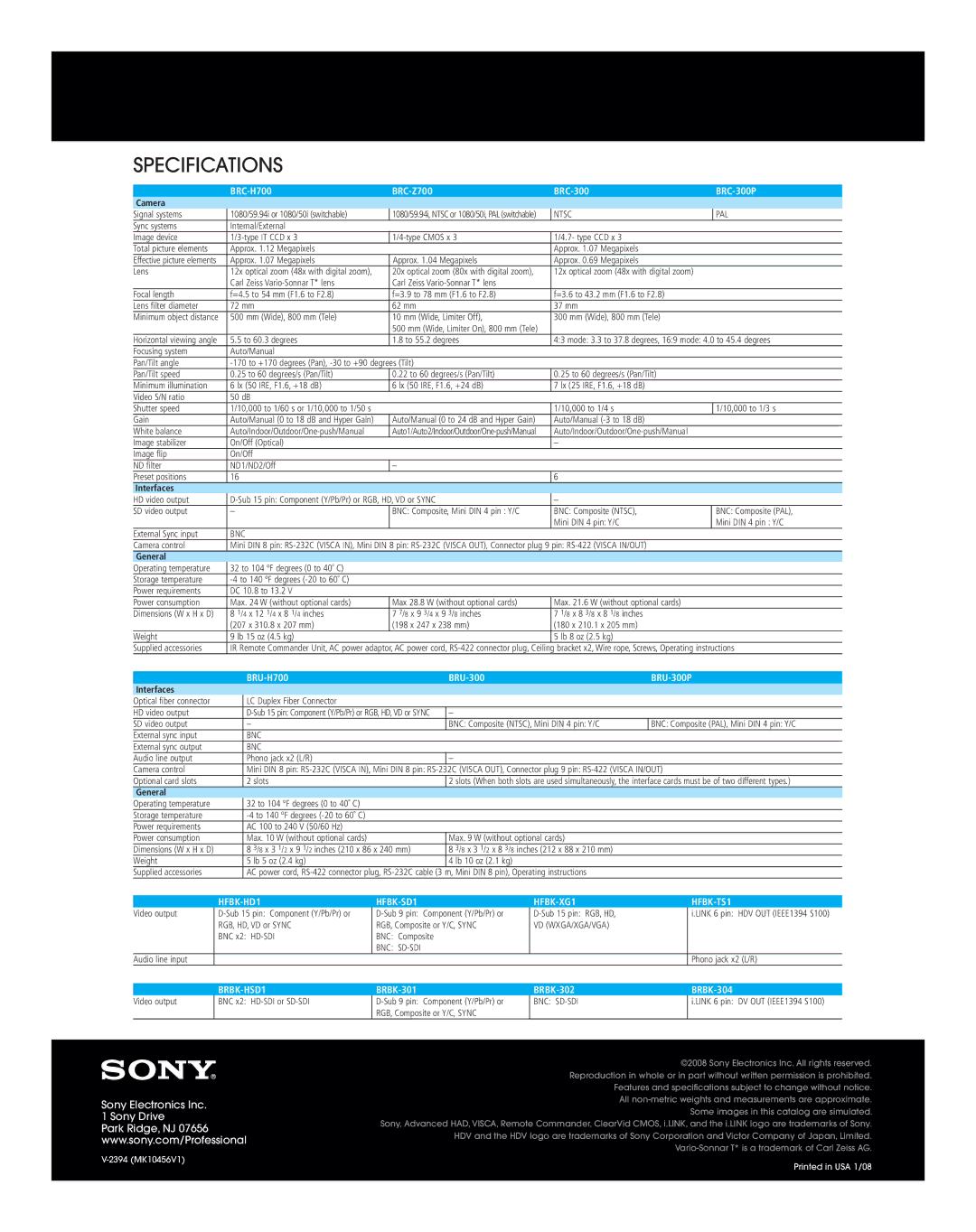 Sony BRC-Z700, BRC-H700 manual Specifications 