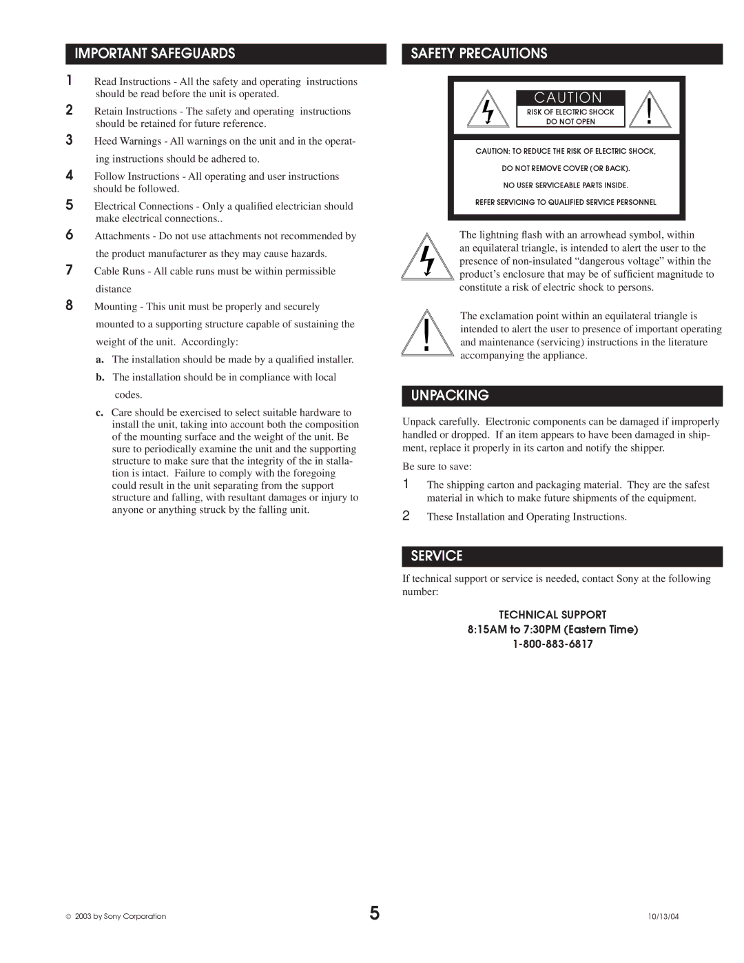 Sony BRCSDP12 instruction manual Important Safeguards, Safety Precautions, Unpacking, Service 