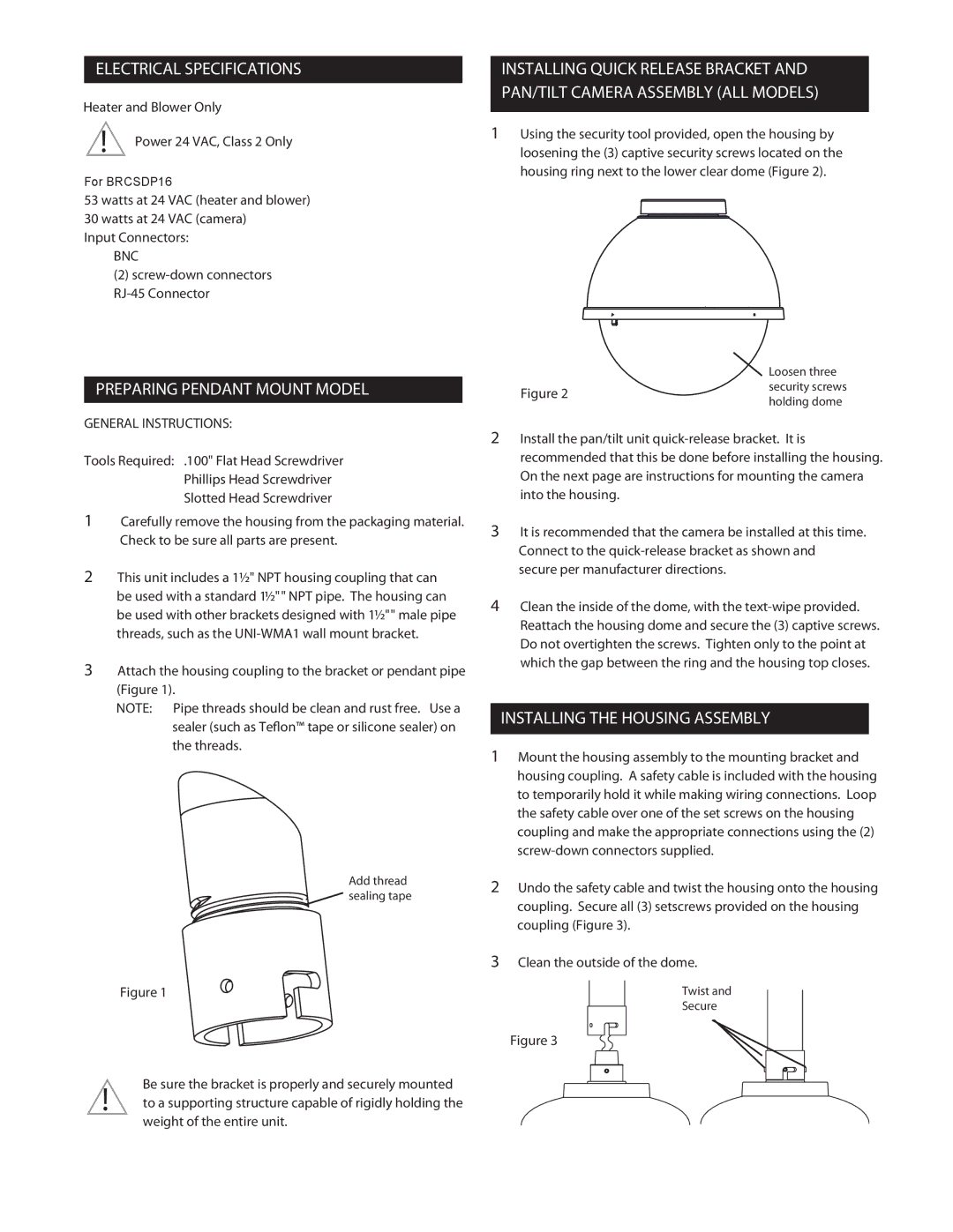 Sony BRCSDP16 instruction manual Electrical Specifications, Preparing Pendant Mount Model, Installing the Housing Assembly 