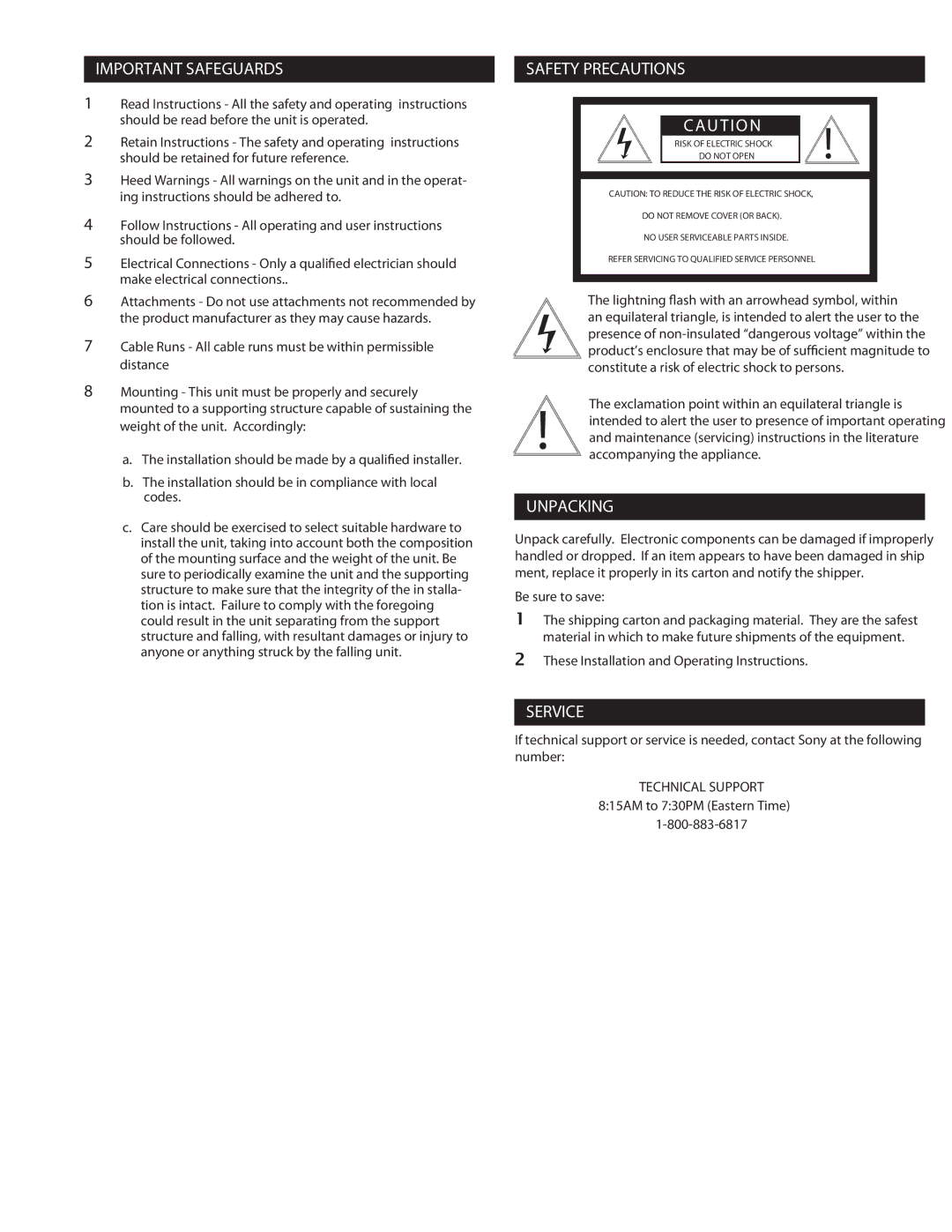 Sony BRCSDP16 instruction manual Important Safeguards, Safety Precautions, Unpacking, Service 