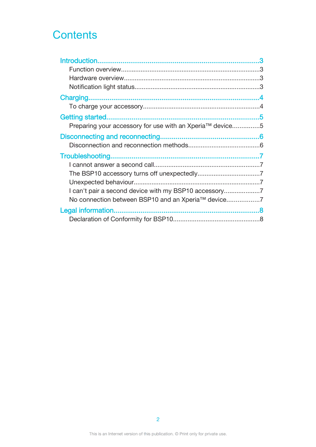 Sony BSP10 manual Contents 