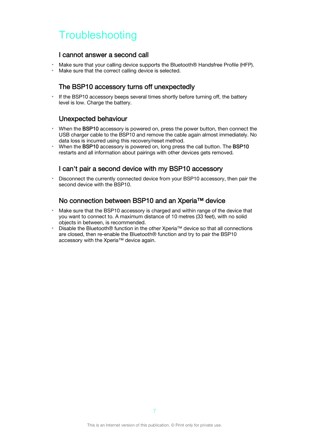 Sony BSP10 manual Troubleshooting 