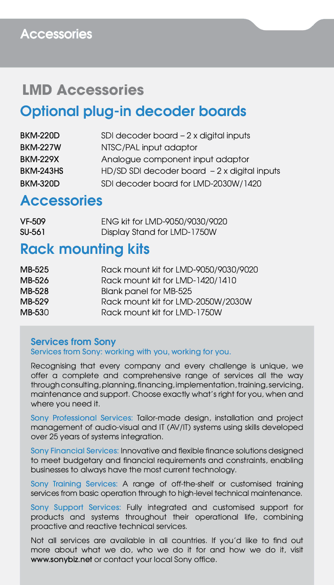 Sony BVM-L170 manual LMD Accessories 