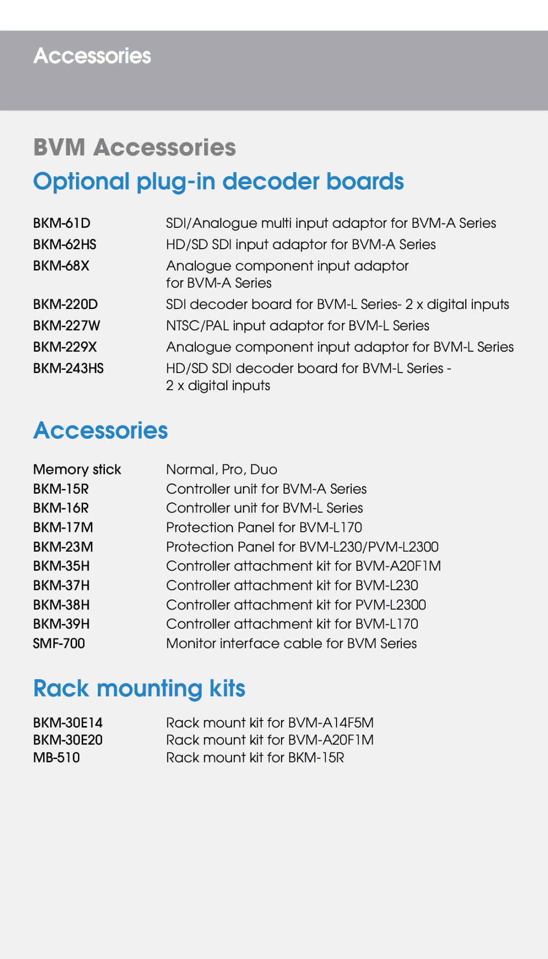 Sony BVM-L170 manual BVM Accessories 