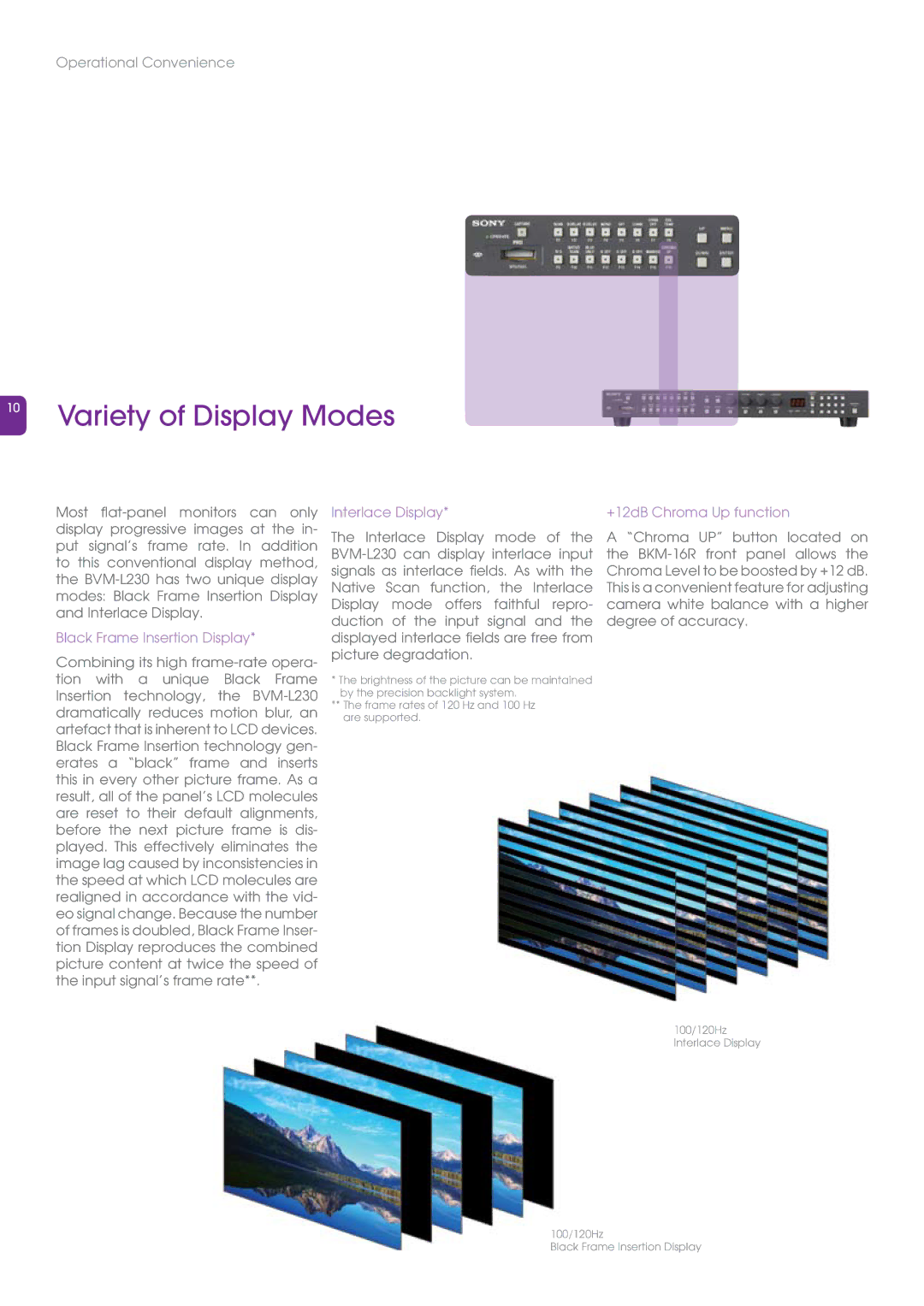 Sony BVM-L230 manual Variety of Display Modes, Interlace Display, Black Frame Insertion Display, +12dB Chroma Up function 