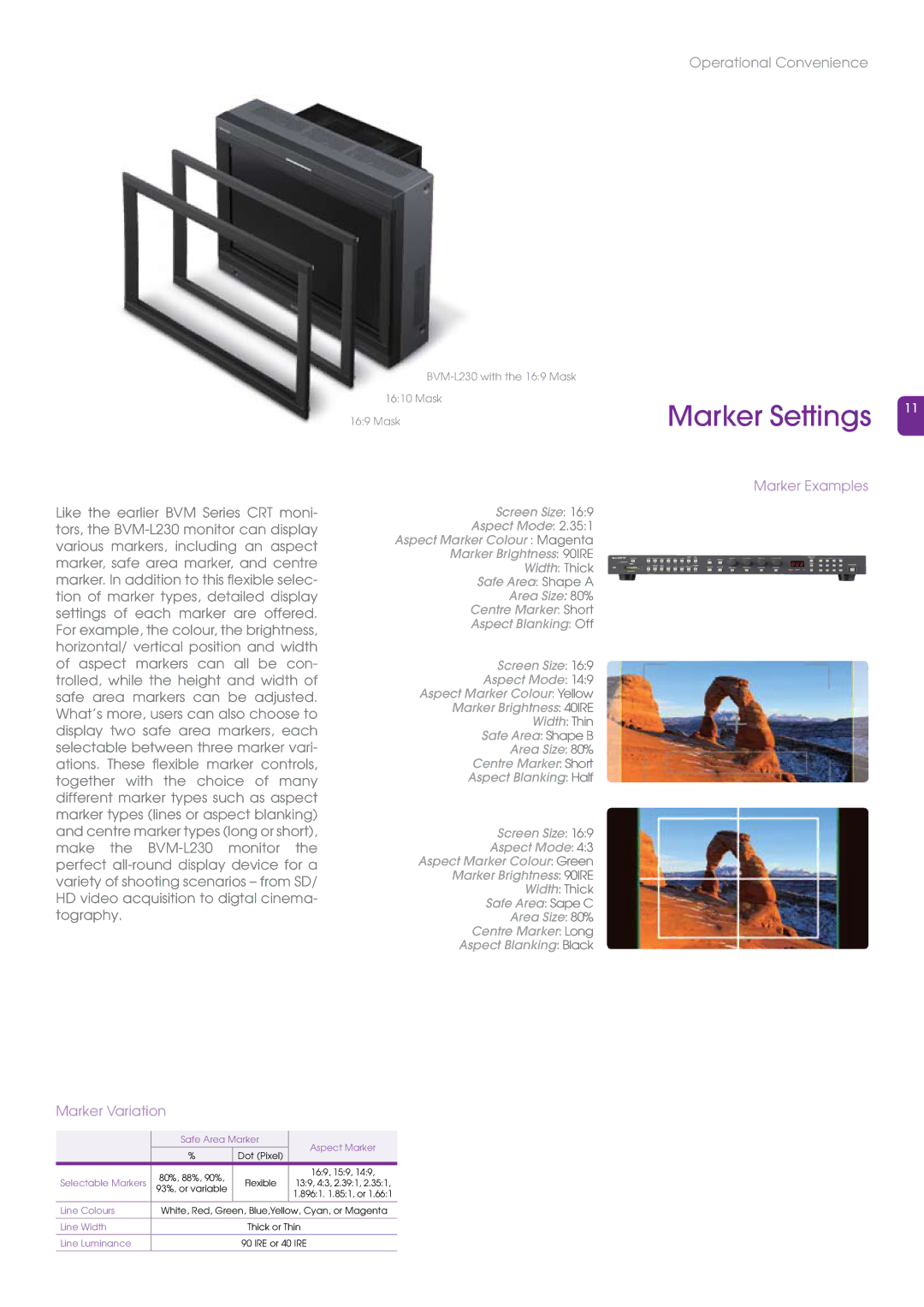 Sony BVM-L230 manual Marker Settings, Marker Examples, Marker Variation 