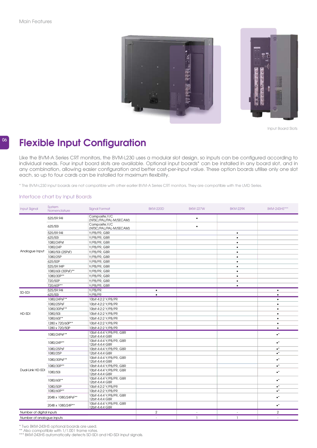 Sony BVM-L230 manual Flexible Input Configuration, Interface chart by Input Boards 