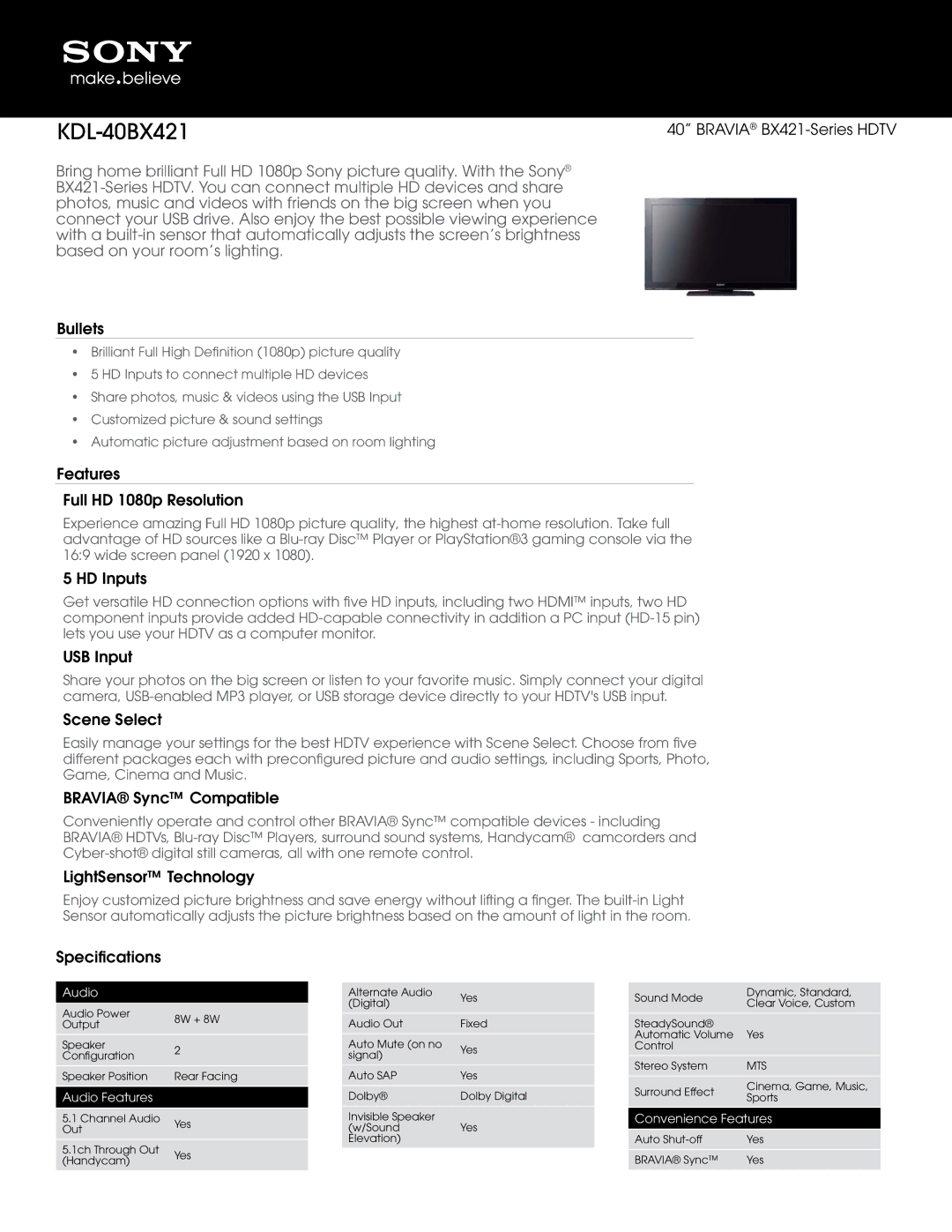 Sony manual Bravia BX421-Series Hdtv, Bullets, Features Full HD 1080p Resolution, HD Inputs, USB Input, Scene Select 