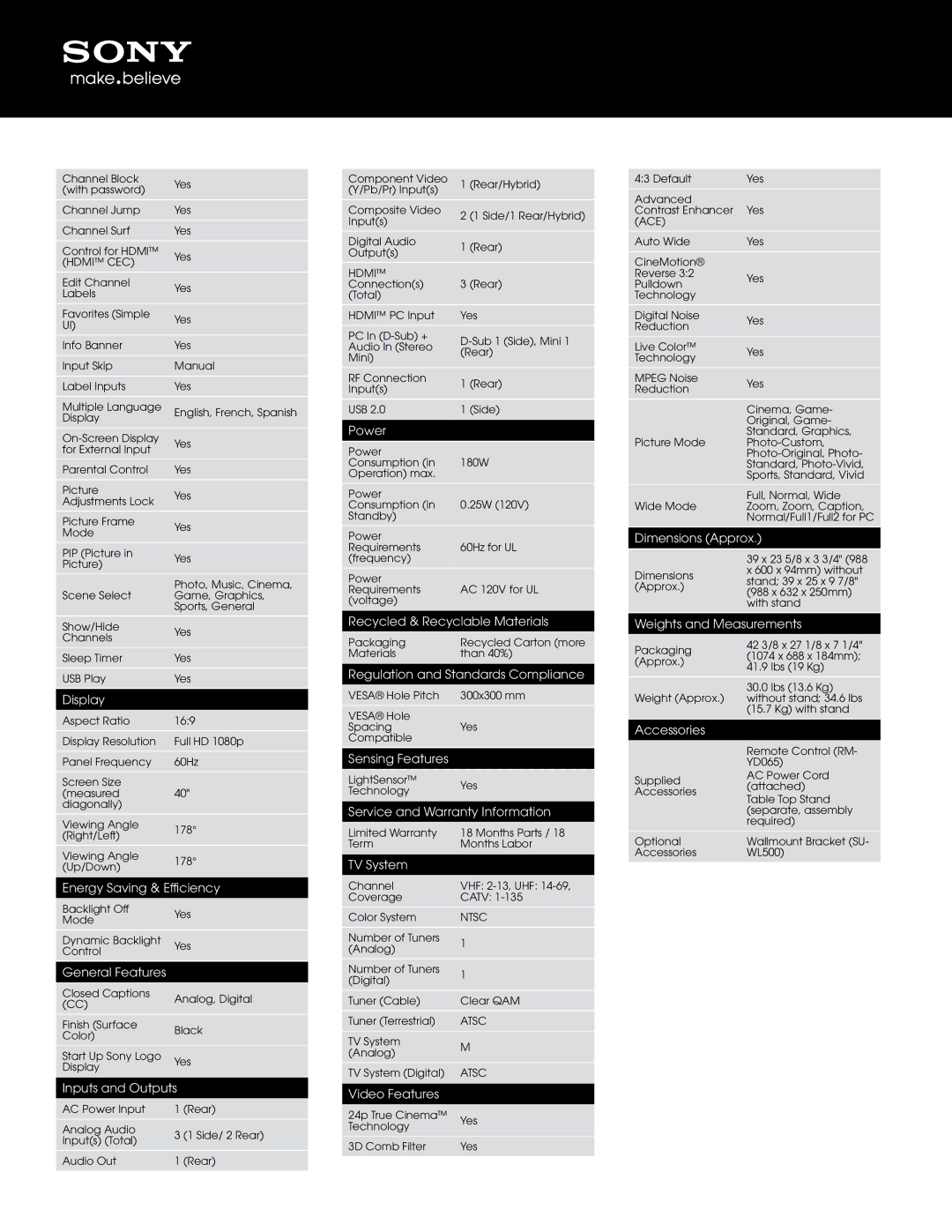 Sony BX421 Display, Energy Saving & Efficiency, General Features, Inputs and Outputs, Power, Sensing Features, TV System 