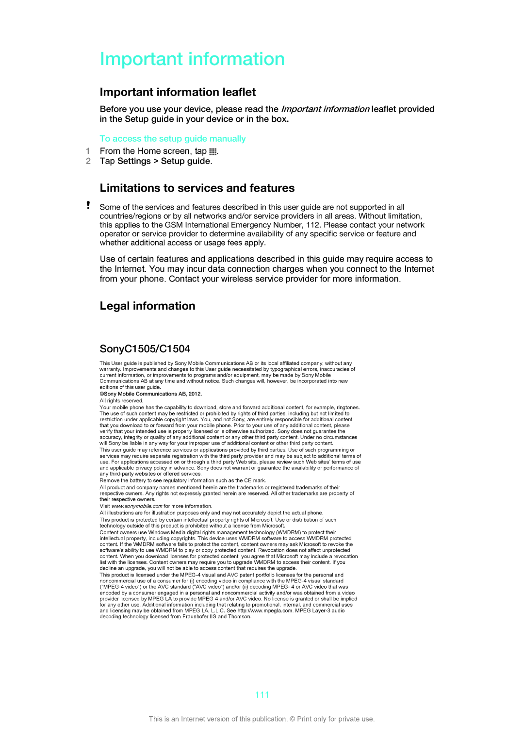 Sony manual Important information leaflet, Limitations to services and features, Legal information, SonyC1505/C1504 