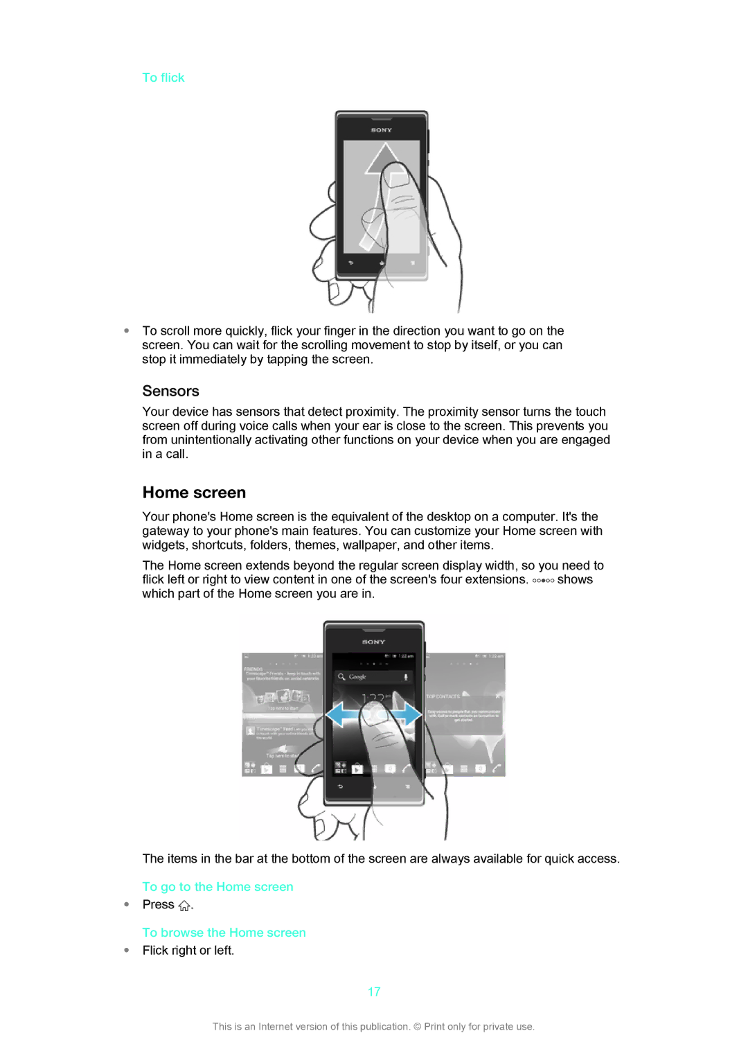 Sony C1505, C1504 manual Sensors, To flick, To go to the Home screen, To browse the Home screen 