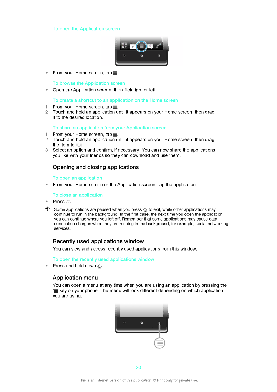 Sony C1504, C1505 manual Opening and closing applications, Recently used applications window, Application menu 