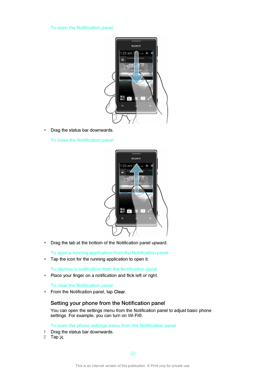 Sony C1504, C1505 manual Setting your phone from the Notification panel 