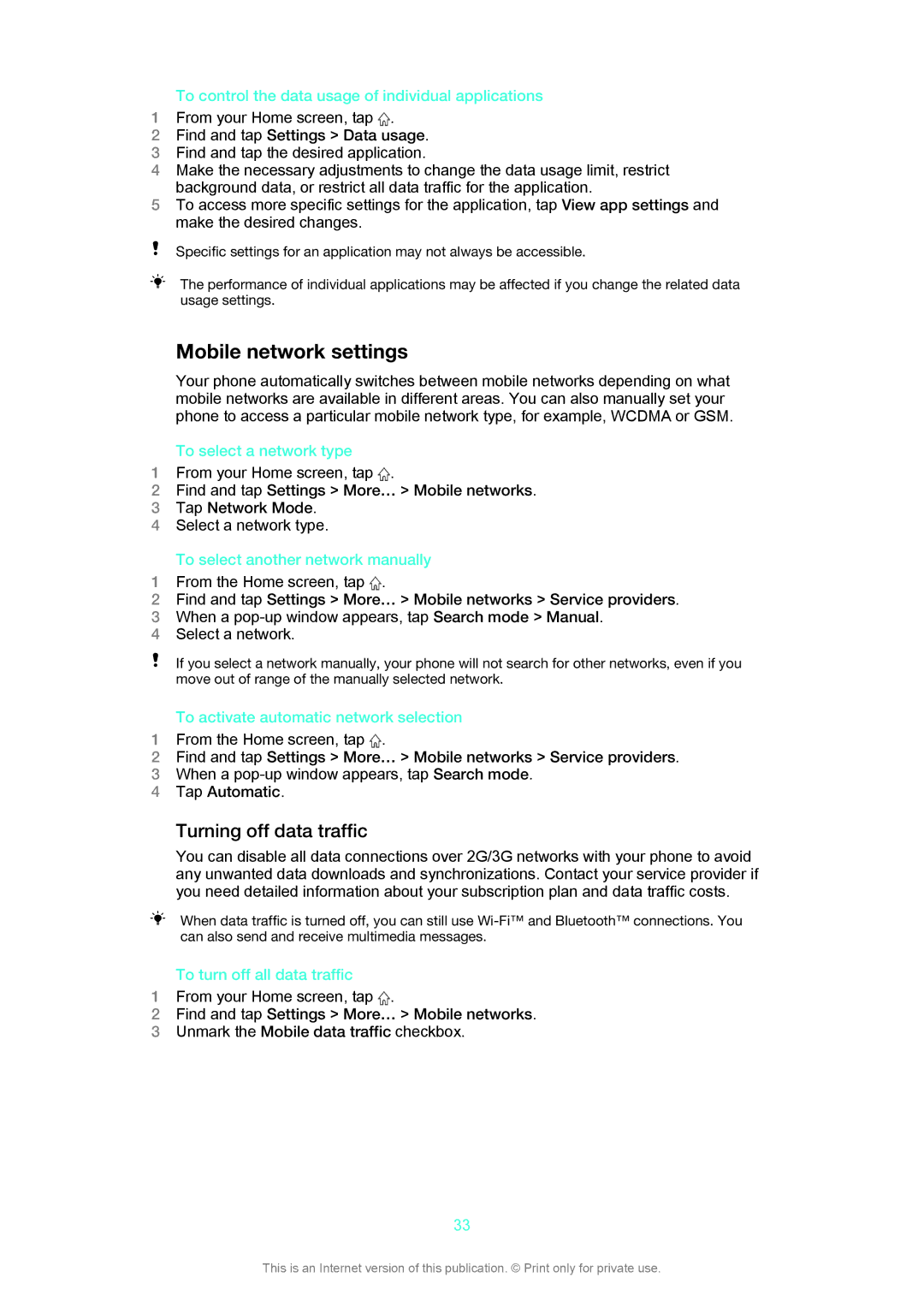 Sony C1505, C1504 manual Mobile network settings, Turning off data traffic 