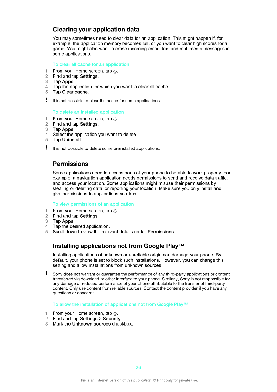 Sony C1504, C1505 manual Clearing your application data, Permissions, Installing applications not from Google Play 