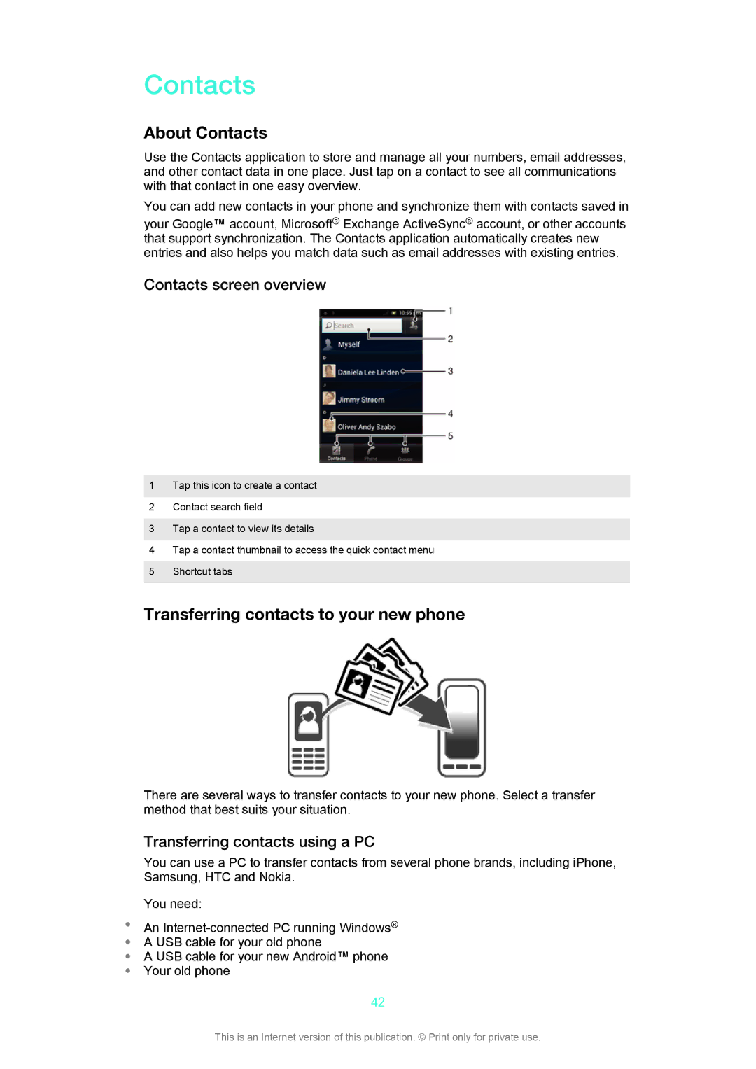 Sony C1504, C1505 manual About Contacts, Transferring contacts to your new phone, Contacts screen overview 