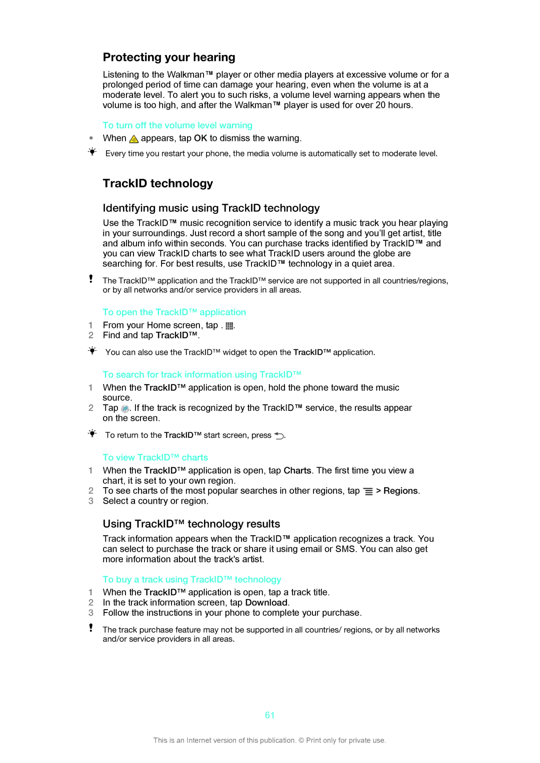 Sony C1505 manual Protecting your hearing, Identifying music using TrackID technology, Using TrackID technology results 