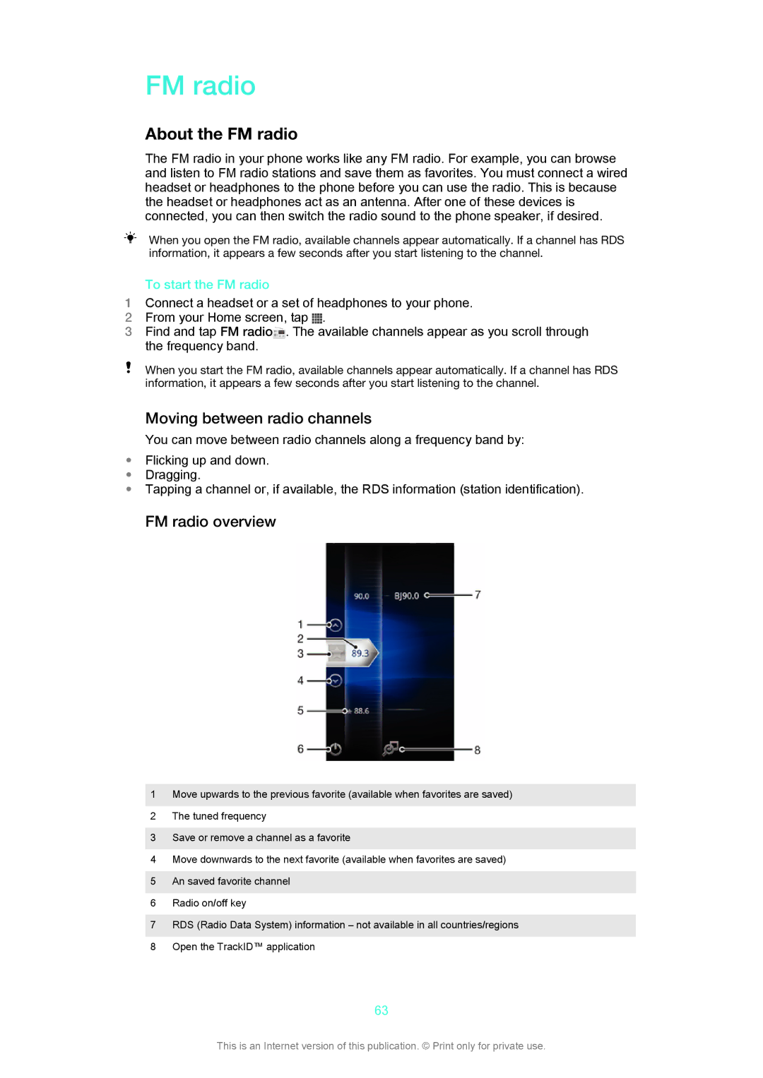 Sony C1505, C1504 manual About the FM radio, Moving between radio channels, FM radio overview, To start the FM radio 