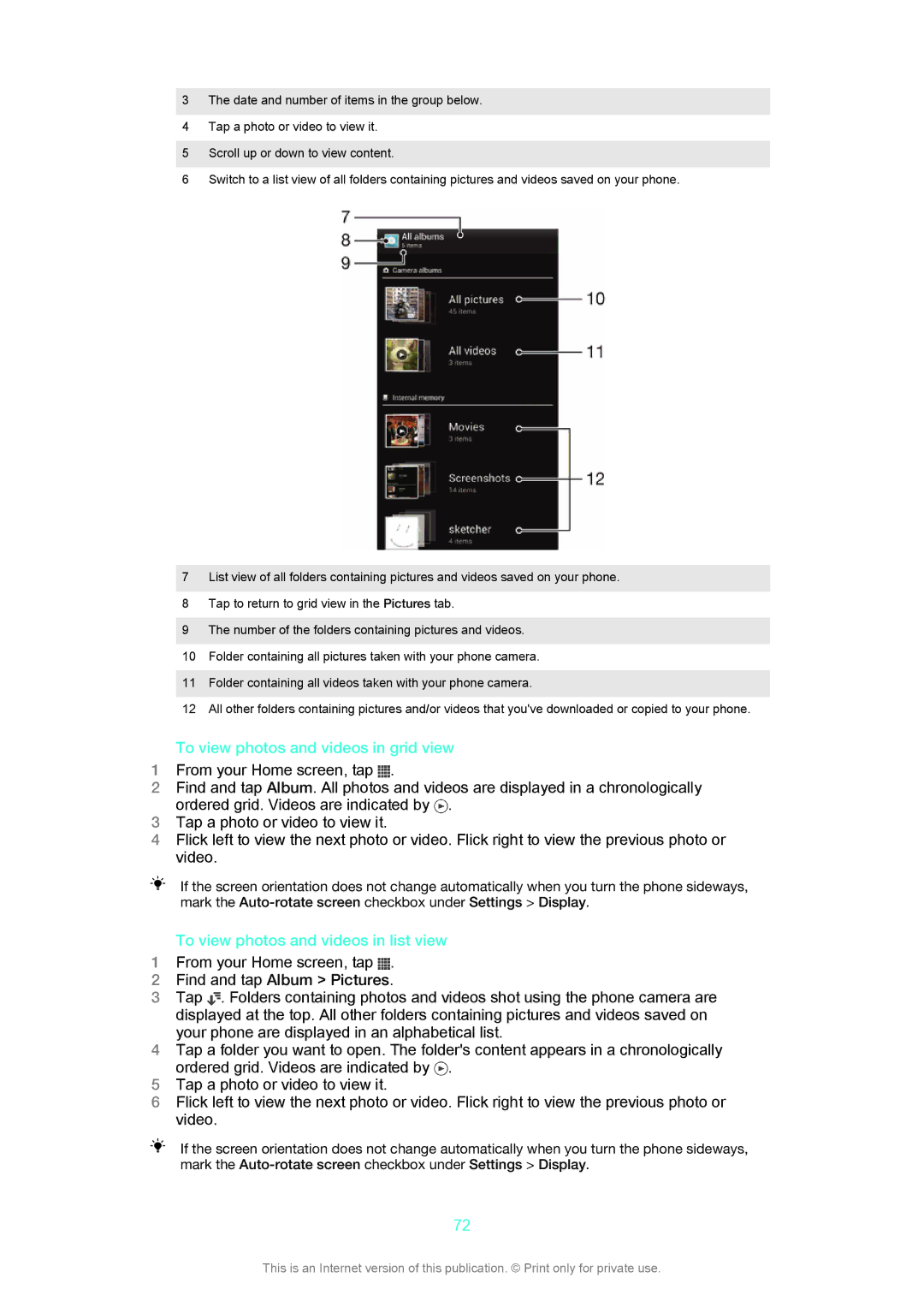 Sony C1504, C1505 manual To view photos and videos in grid view, To view photos and videos in list view 