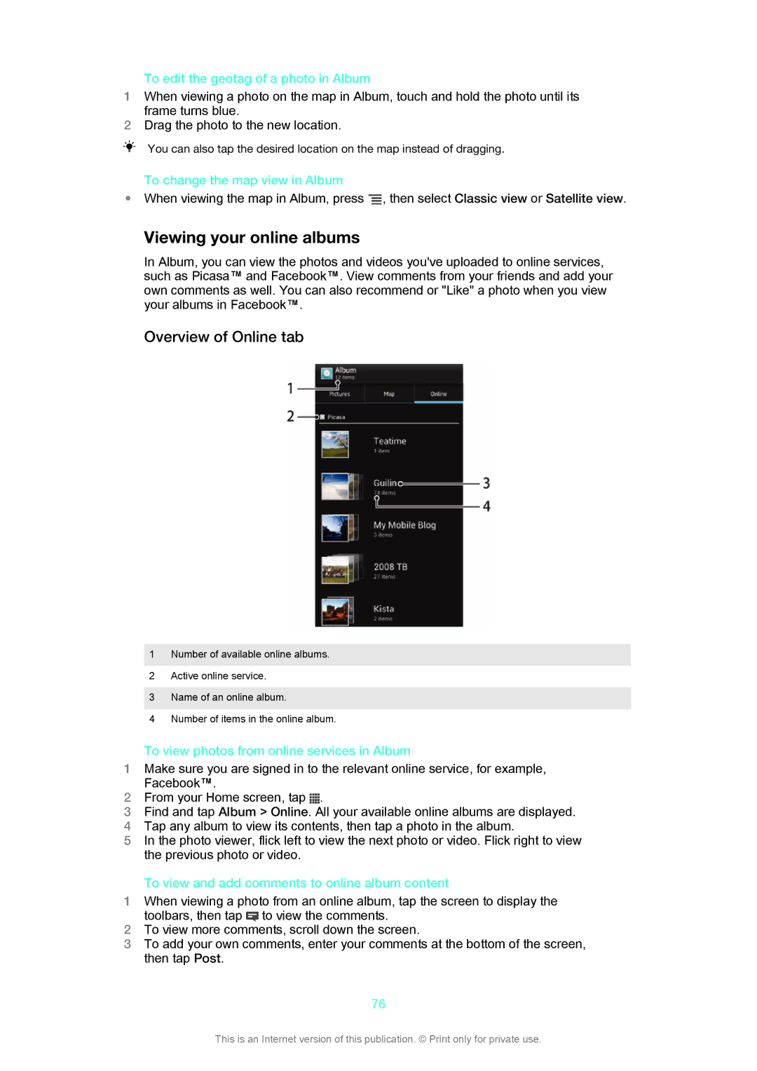 Sony C1504, C1505 manual Viewing your online albums, Overview of Online tab 