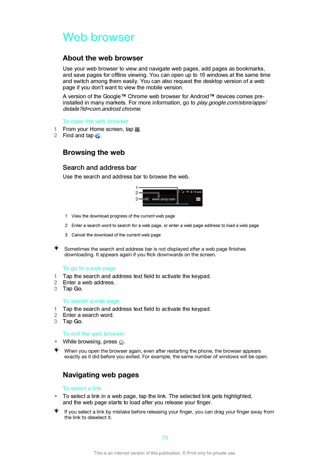 Sony C1505, C1504 manual Web browser, About the web browser, Browsing the web, Navigating web pages, Search and address bar 