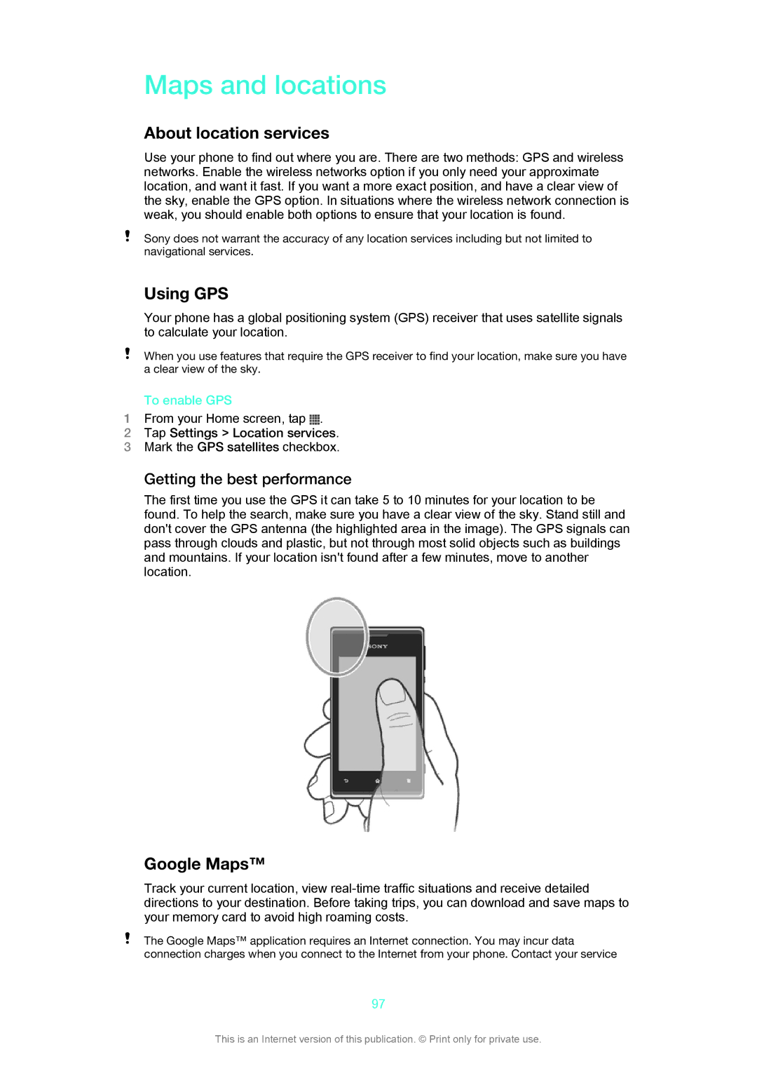 Sony C1505, C1504 manual Maps and locations, About location services, Using GPS, Google Maps, Getting the best performance 