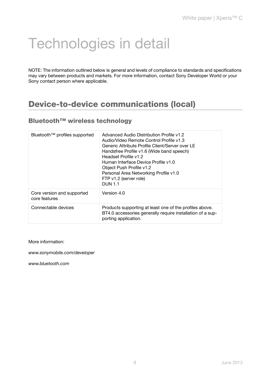 Sony C2305 manual Device-to-device communications local, Bluetooth wireless technology 