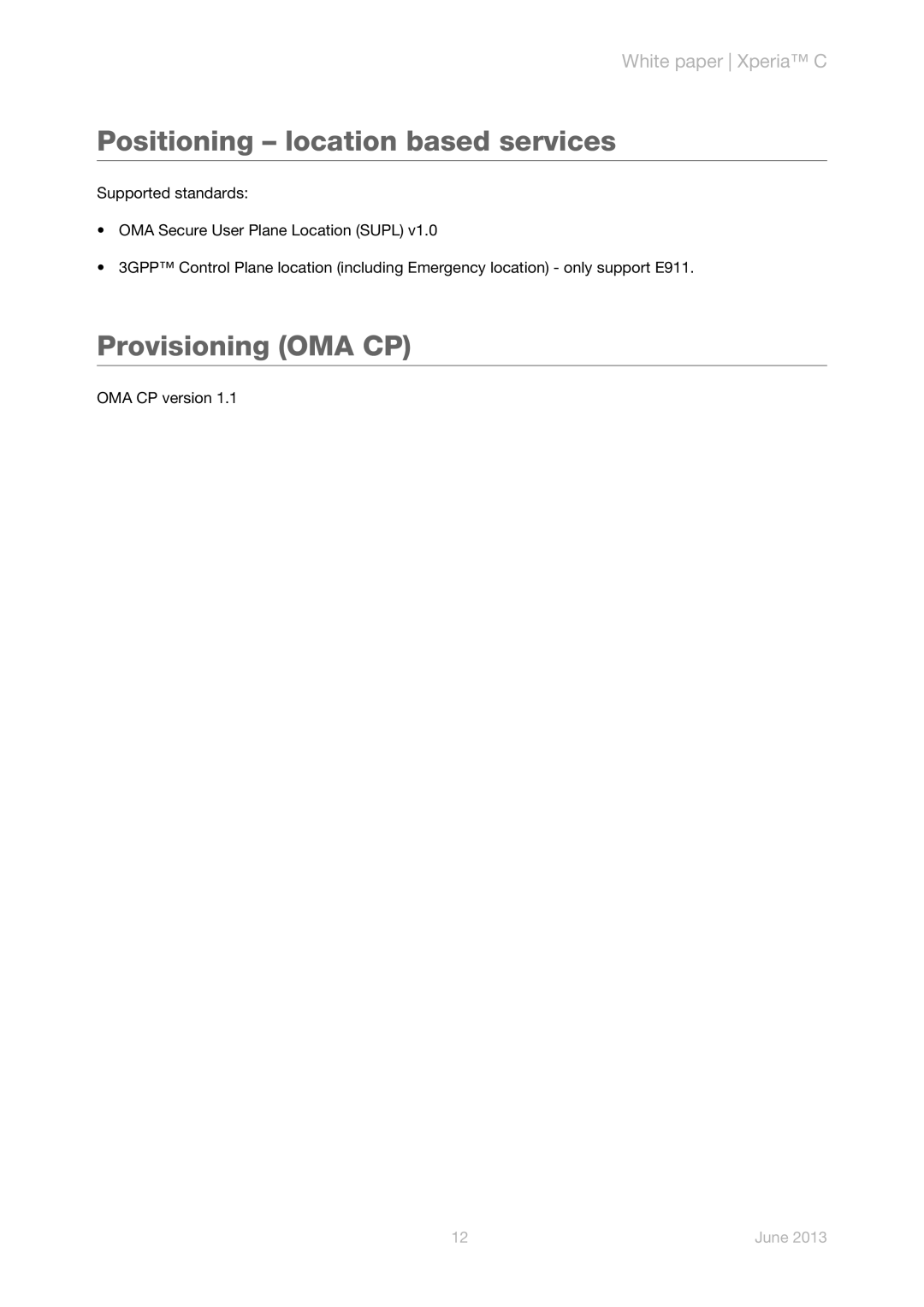 Sony C2305 manual Positioning location based services, Provisioning OMA CP 