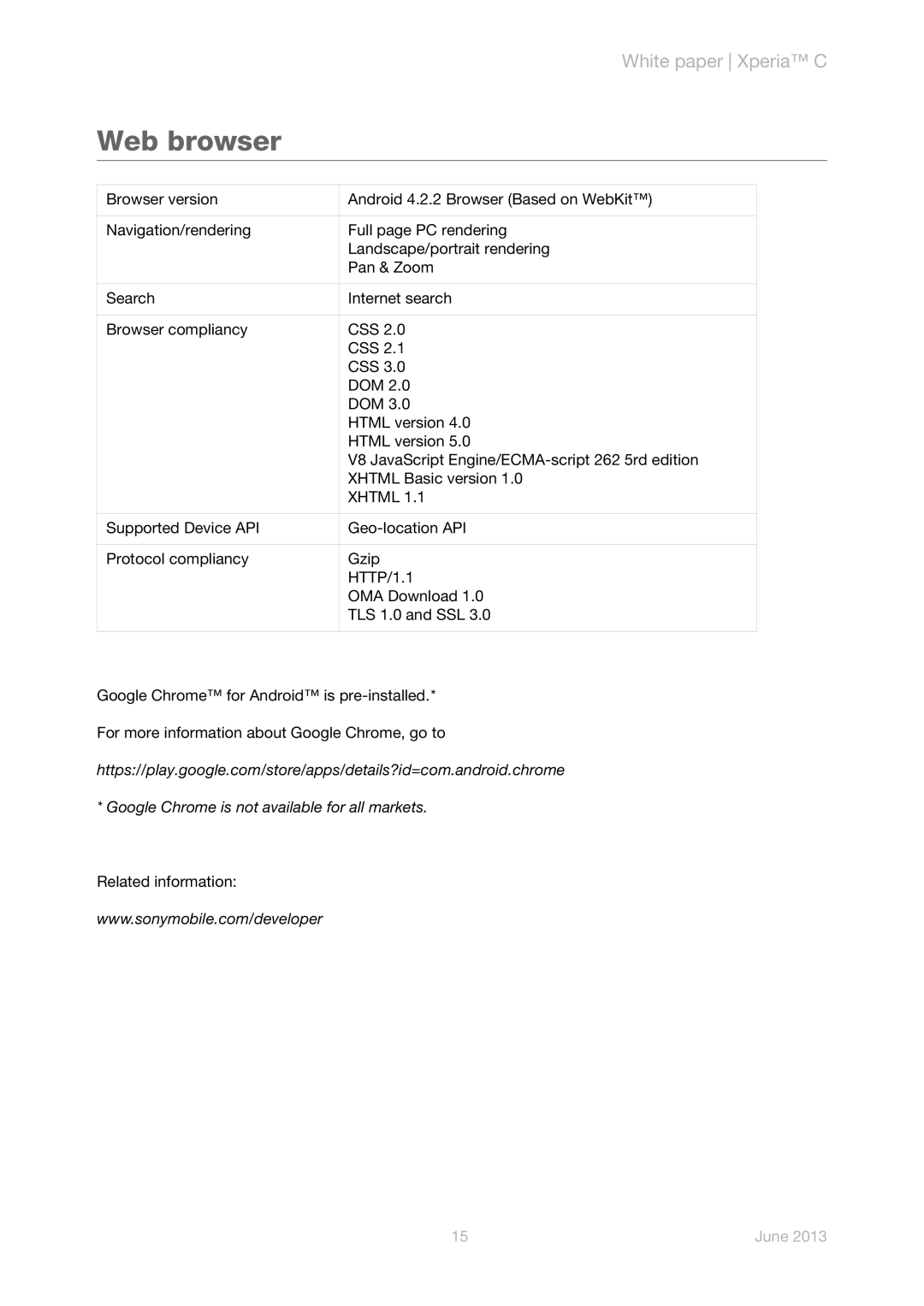 Sony C2305 manual Web browser, Xhtml 