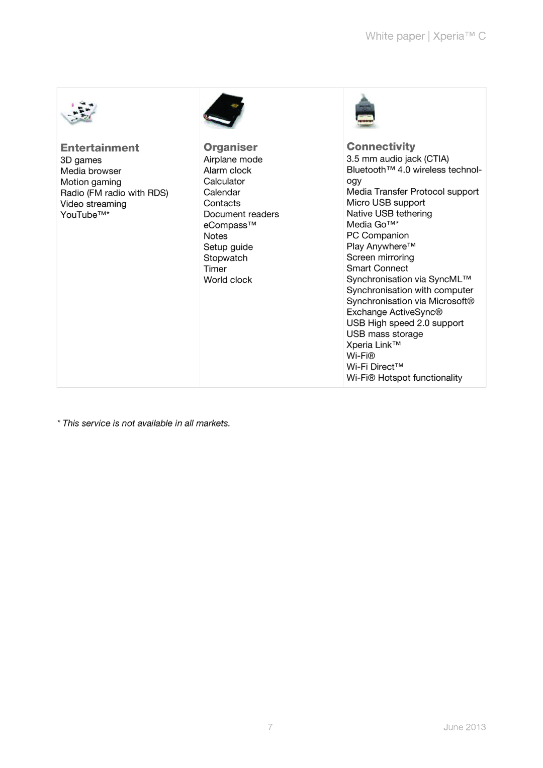 Sony C2305 manual Entertainment, Organiser, Connectivity 