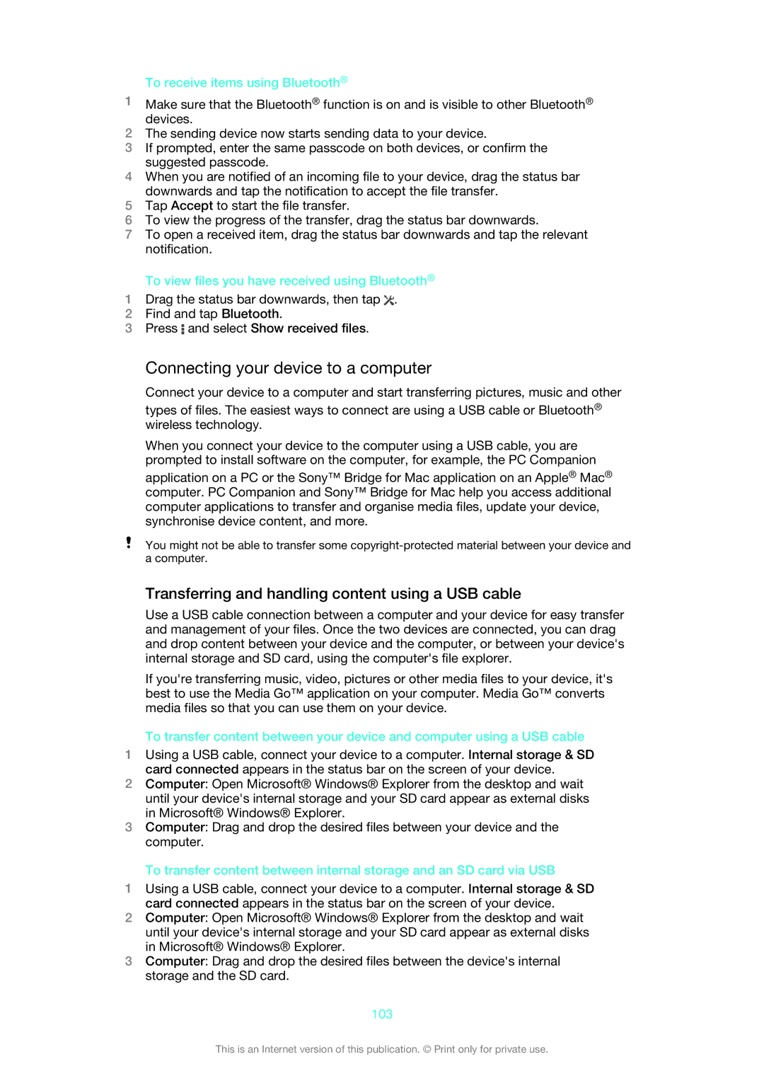 Sony C5503, C5502, 1272-9183 Connecting your device to a computer, Transferring and handling content using a USB cable, 103 
