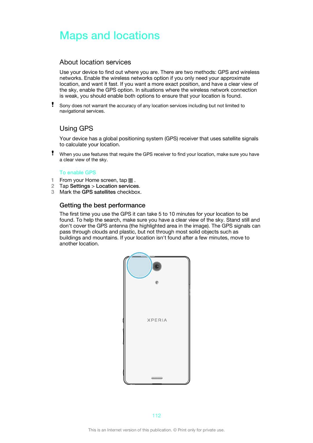 Sony C5503, C5502, 1272-9183 manual Maps and locations, About location services, Using GPS, Getting the best performance 