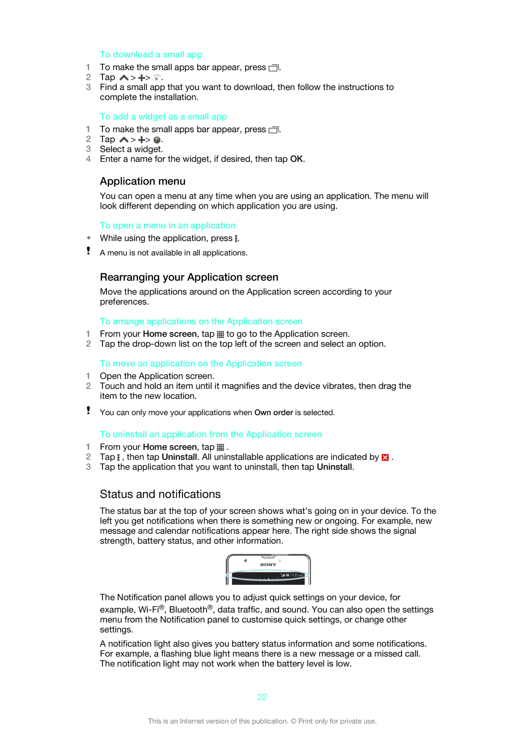 Sony C5503, C5502, 1272-9183 manual Status and notifications, Application menu, Rearranging your Application screen 