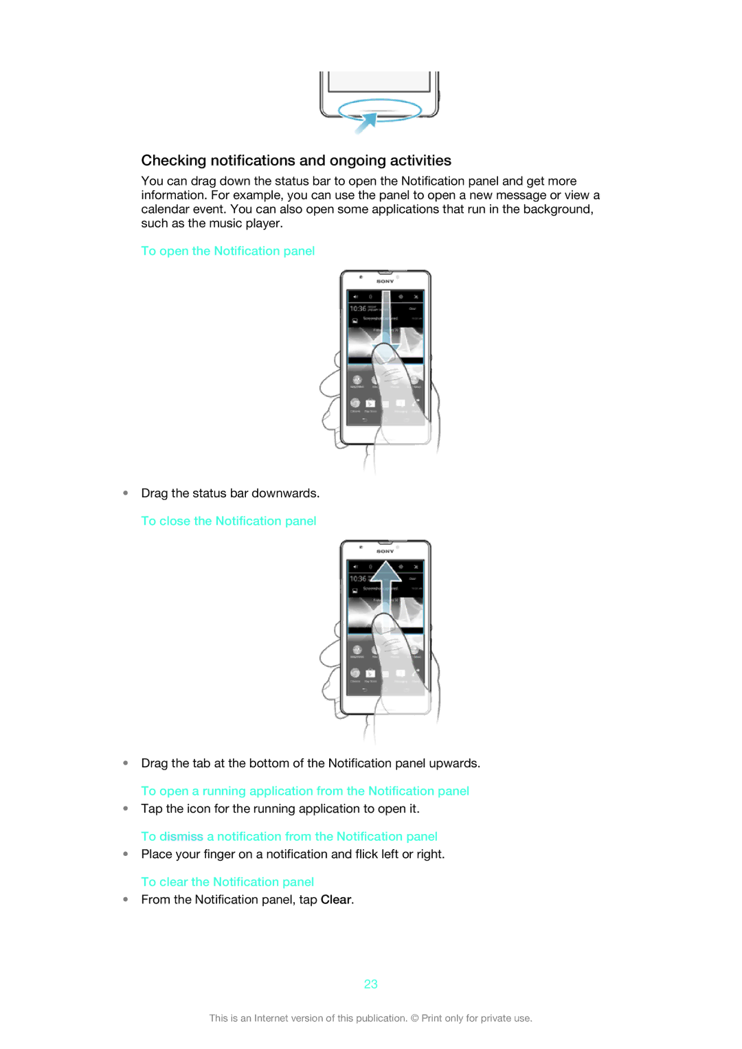 Sony 1272-9183, C5502, C5503 manual Checking notifications and ongoing activities, To open the Notification panel 