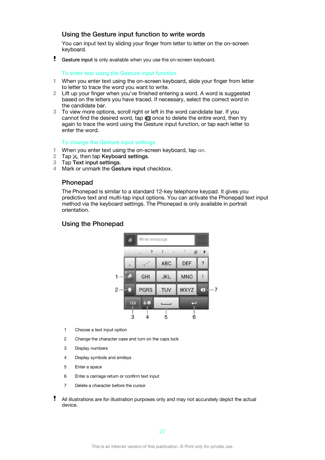 Sony C5502 Using the Gesture input function to write words, Using the Phonepad, To change the Gesture input settings 