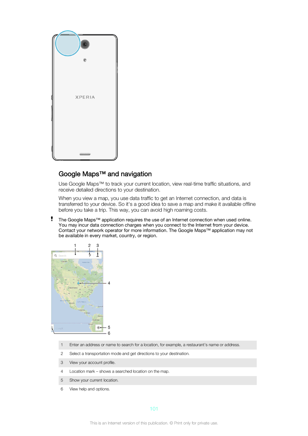 Sony C5503, C5502 manual Google Maps and navigation, 101 