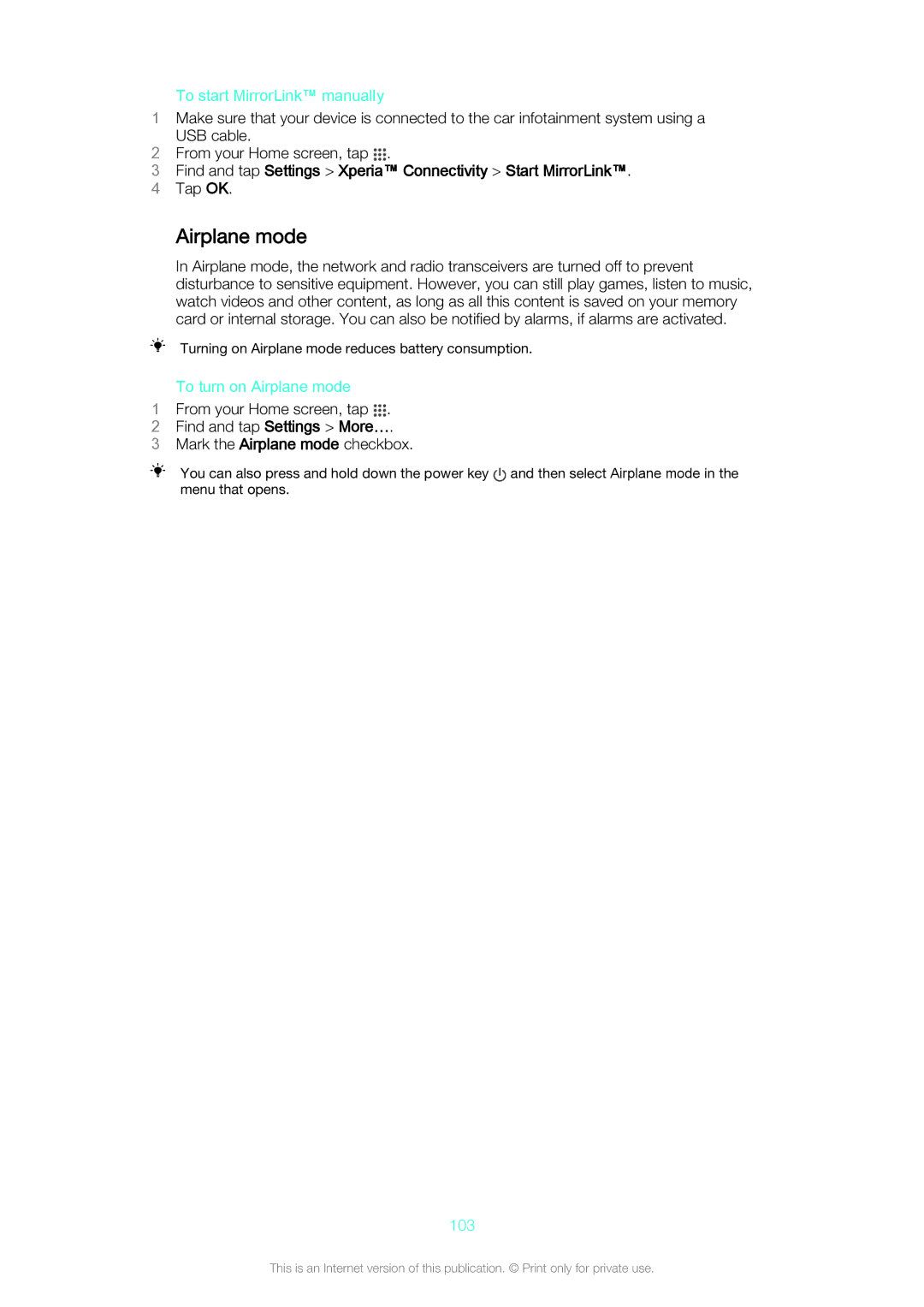 Sony C5503 Airplane mode, To start MirrorLink manually, Find and tap Settings Xperia Connectivity Start MirrorLink, 103 