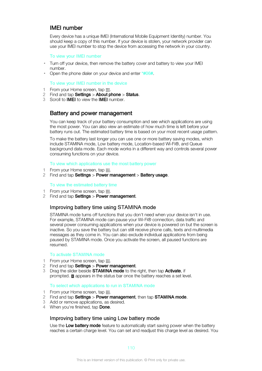 Sony C5502, C5503 manual Imei number, Battery and power management, Improving battery time using Stamina mode 