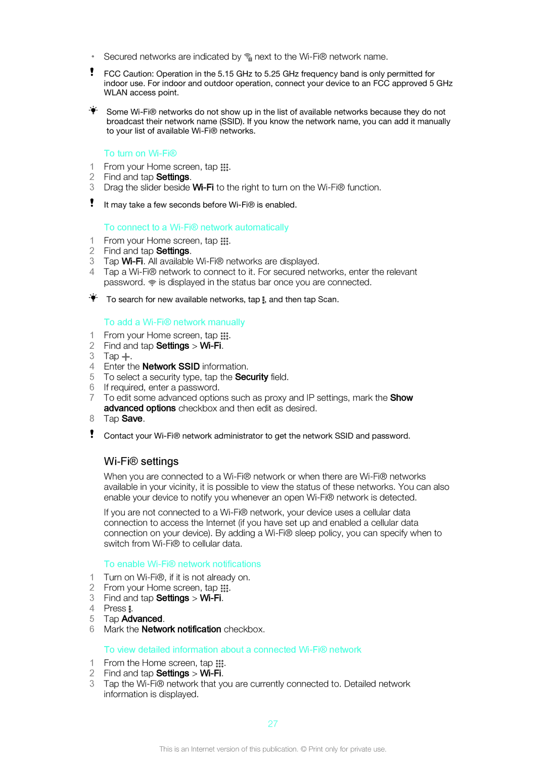 Sony C5503, C5502 manual Wi-Fi settings, Tap Advanced Mark the Network notification checkbox 