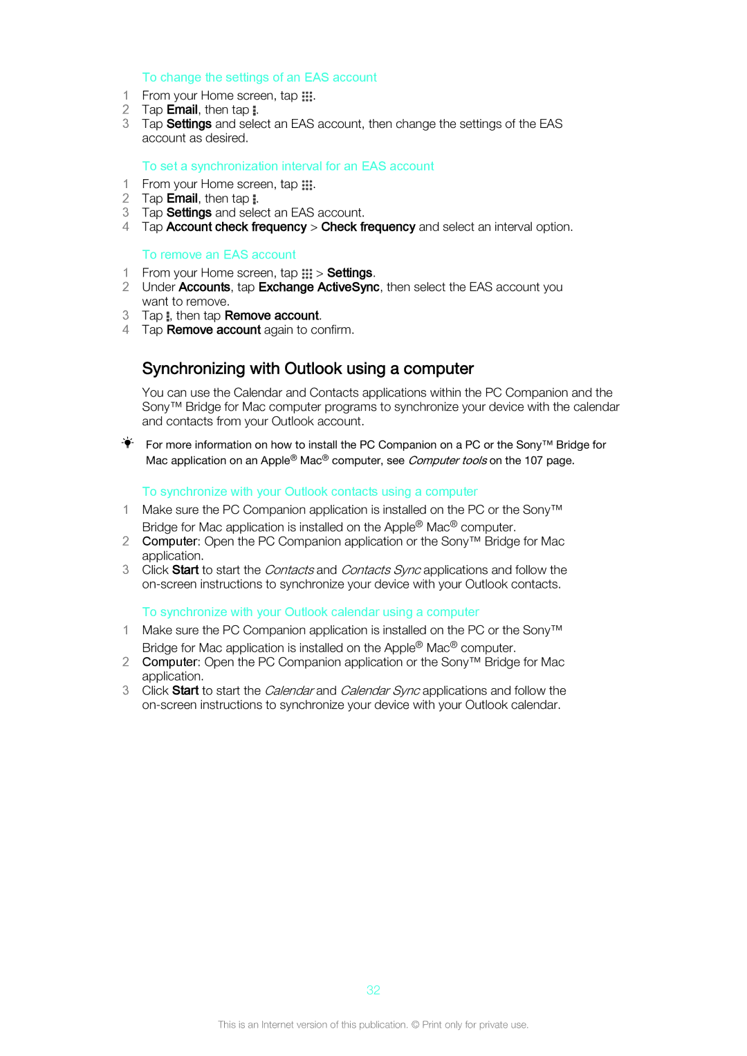 Sony C5502, C5503 manual Synchronizing with Outlook using a computer 