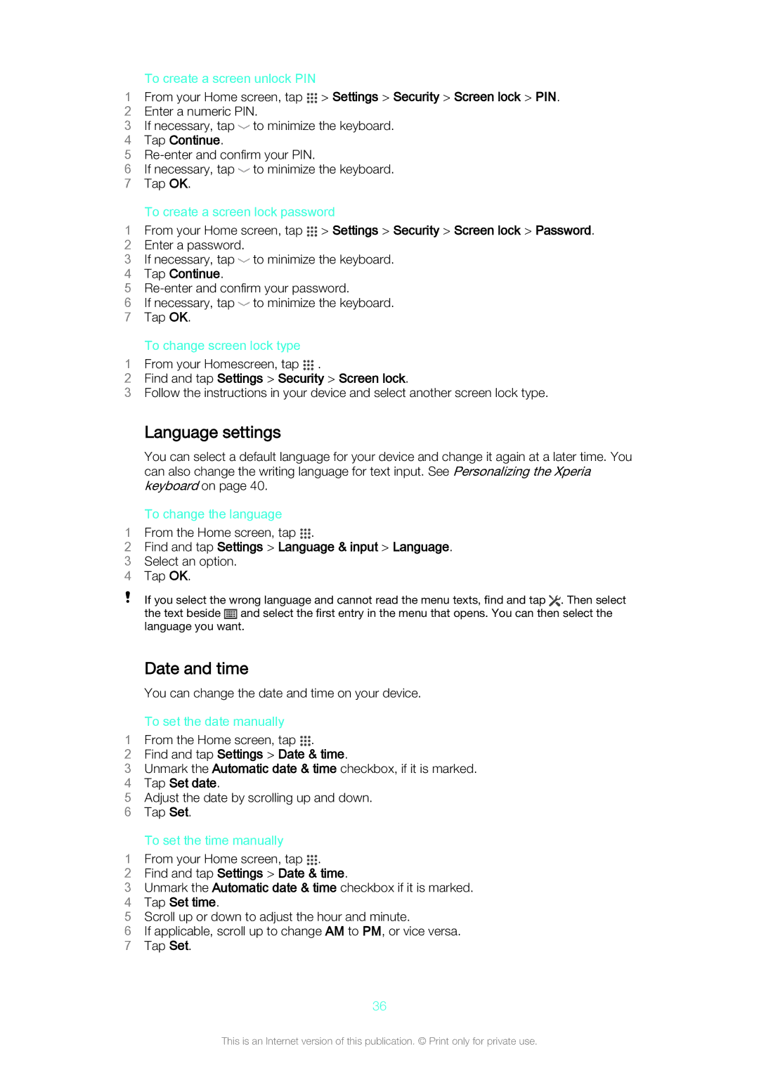 Sony C5502, C5503 manual Language settings, Date and time 