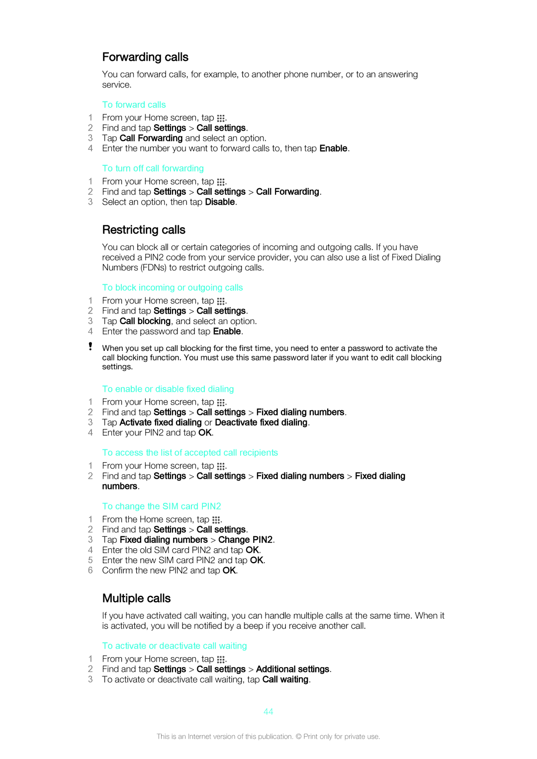 Sony C5502, C5503 manual Forwarding calls, Restricting calls, Multiple calls 